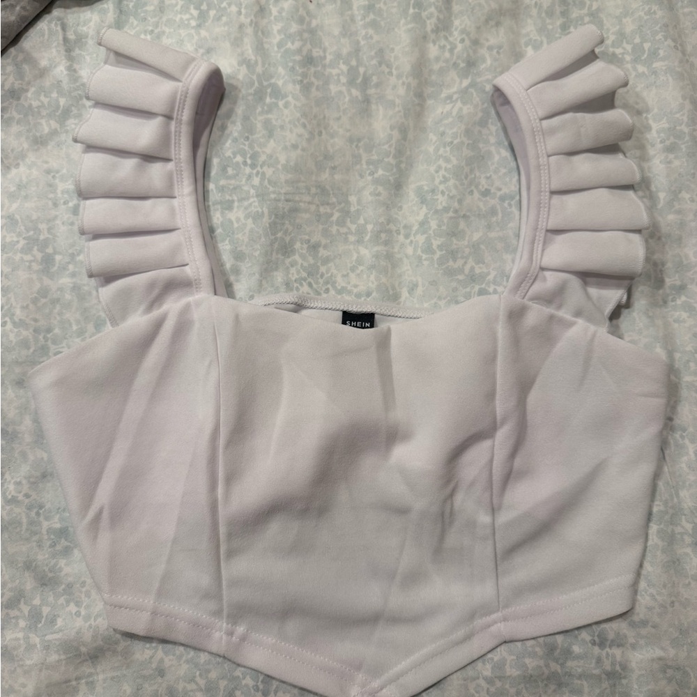 SHEIN White Pleated Sleeve Crop Top